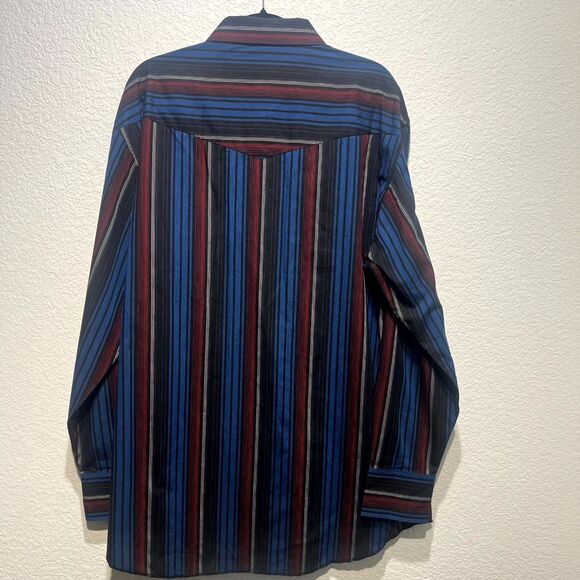 Wrangler Western Dress Shirt Mens 17.5 Multicolor Striped Cotton Pearl Snap Blue - Picture 2 of 12